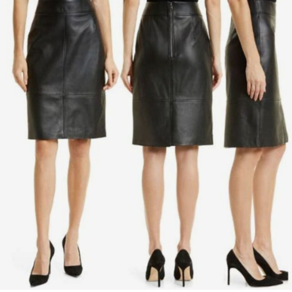 Hugo Boss Selrita Black Leather Pencil Skirt Size 14